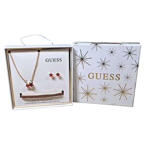 GUESS Red CZ Star Pendant Necklace, Double Stretch Bracelet & Stud Earrings Set - Picture 7 of 8